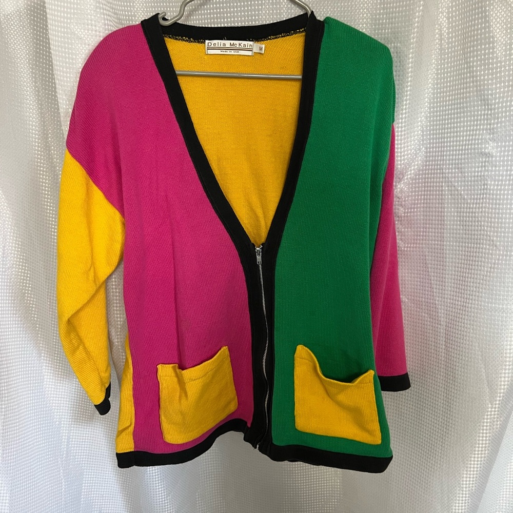 🎨 Vintage Delia McKain Colorblock Knit Cardigan Sweater (Made in USA) – Size M 🎨
